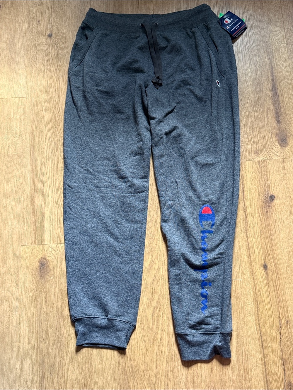 Champion Dark Gray Track Joggers with Blue & Red Logo
